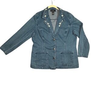 Denim & Co. Denim Blazer Jean Jacket Size 1X Blue Dress Embroidered Daisies VTG